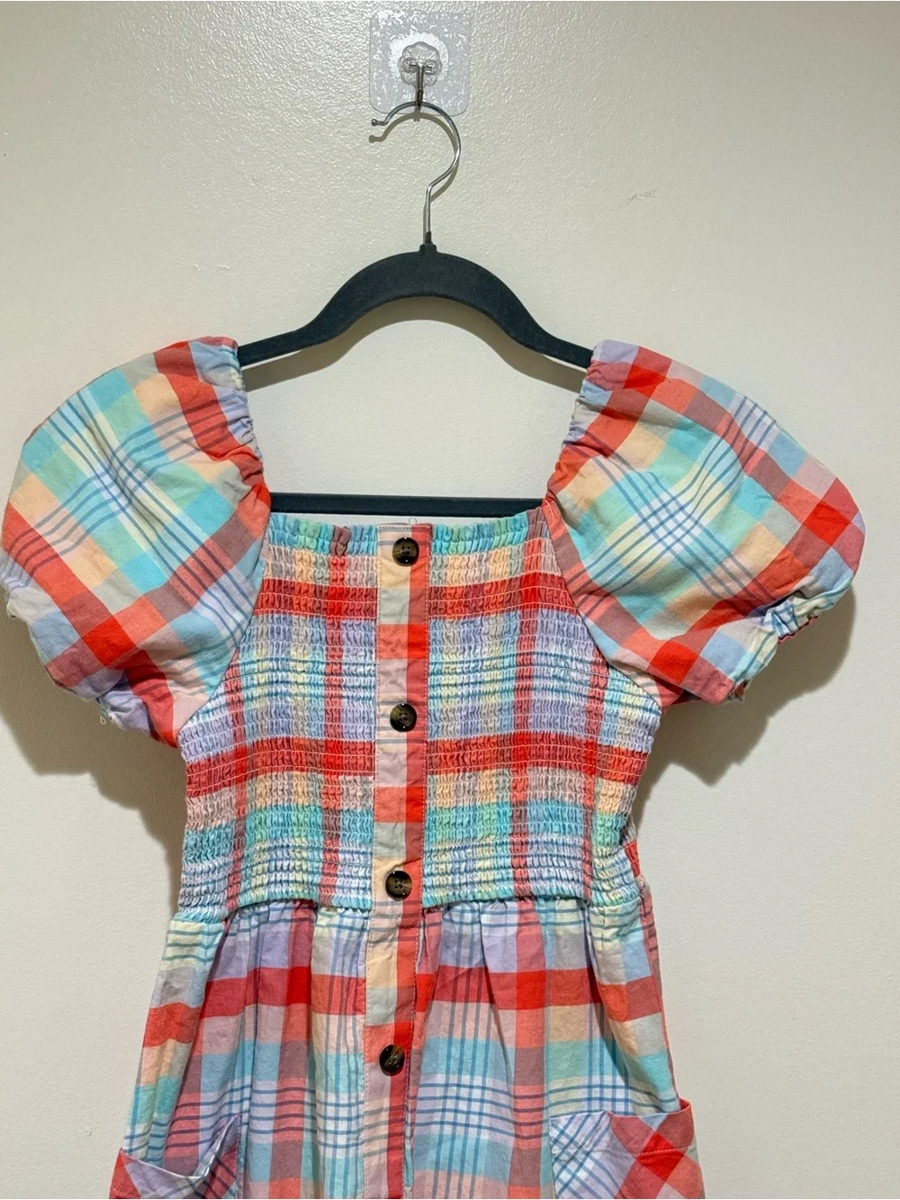 wonder nation Red Multi-Color Plaid Puff Sleeve Button-Front Dress